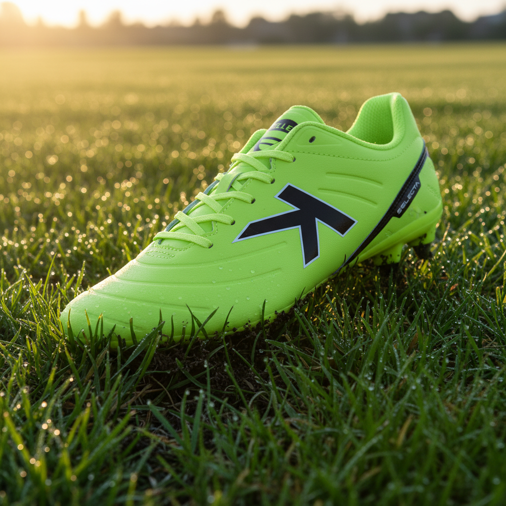 Botas de fútbol Selecta SG lima en césped natural con rocío