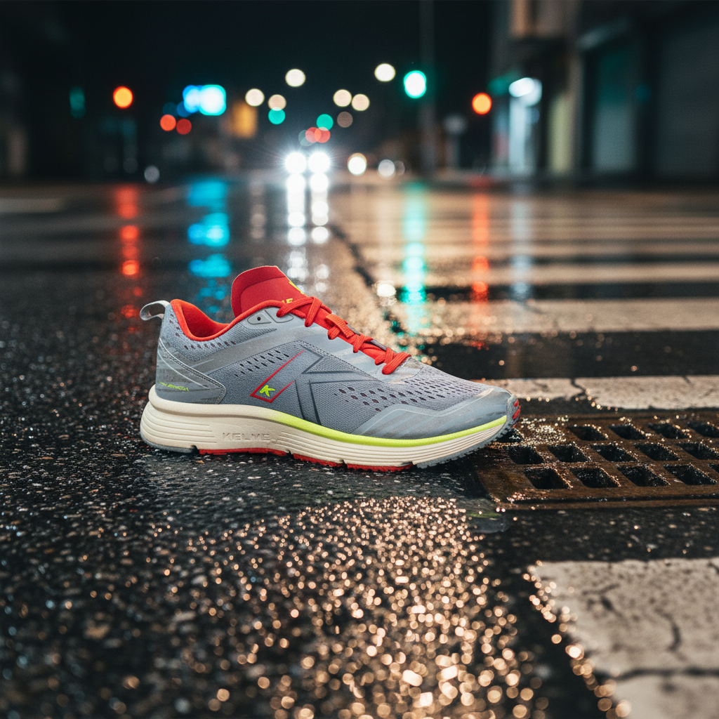 Zapatillas Running Valencia Gris sobre asfalto húmedo