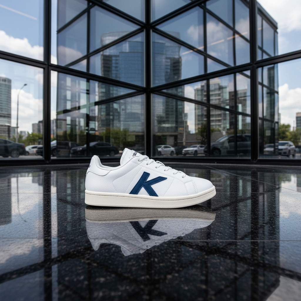Zapatillas Kelme Omaha 2.0 en entrada de edificio moderno de vidrio