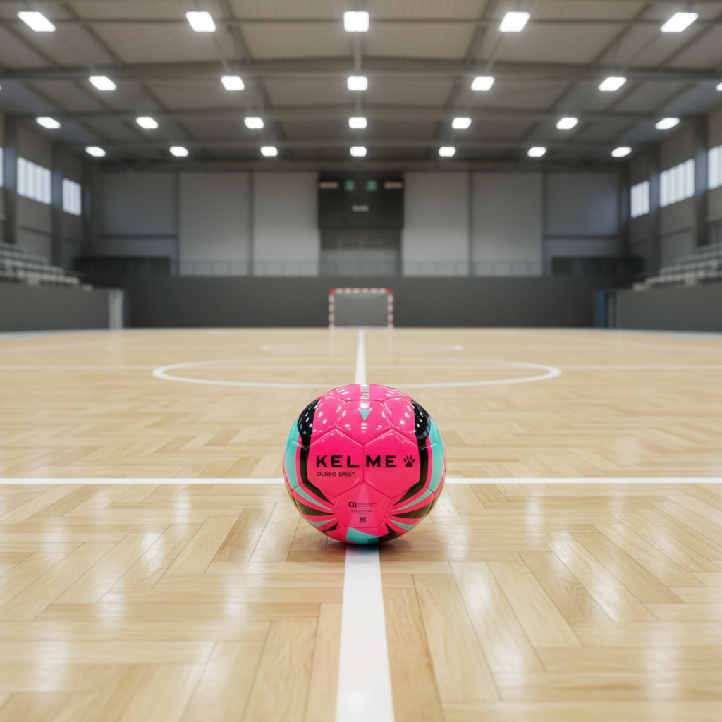 Balón fútbol sala Spirit rosa en pista interior con parqué