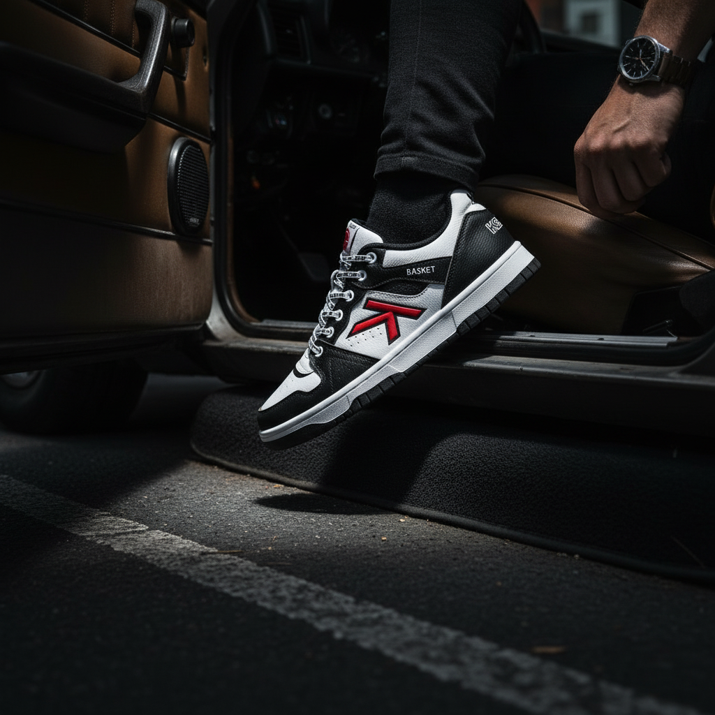 Zapatillas Retrobasket 2.0 saliendo de coche clásico vintage