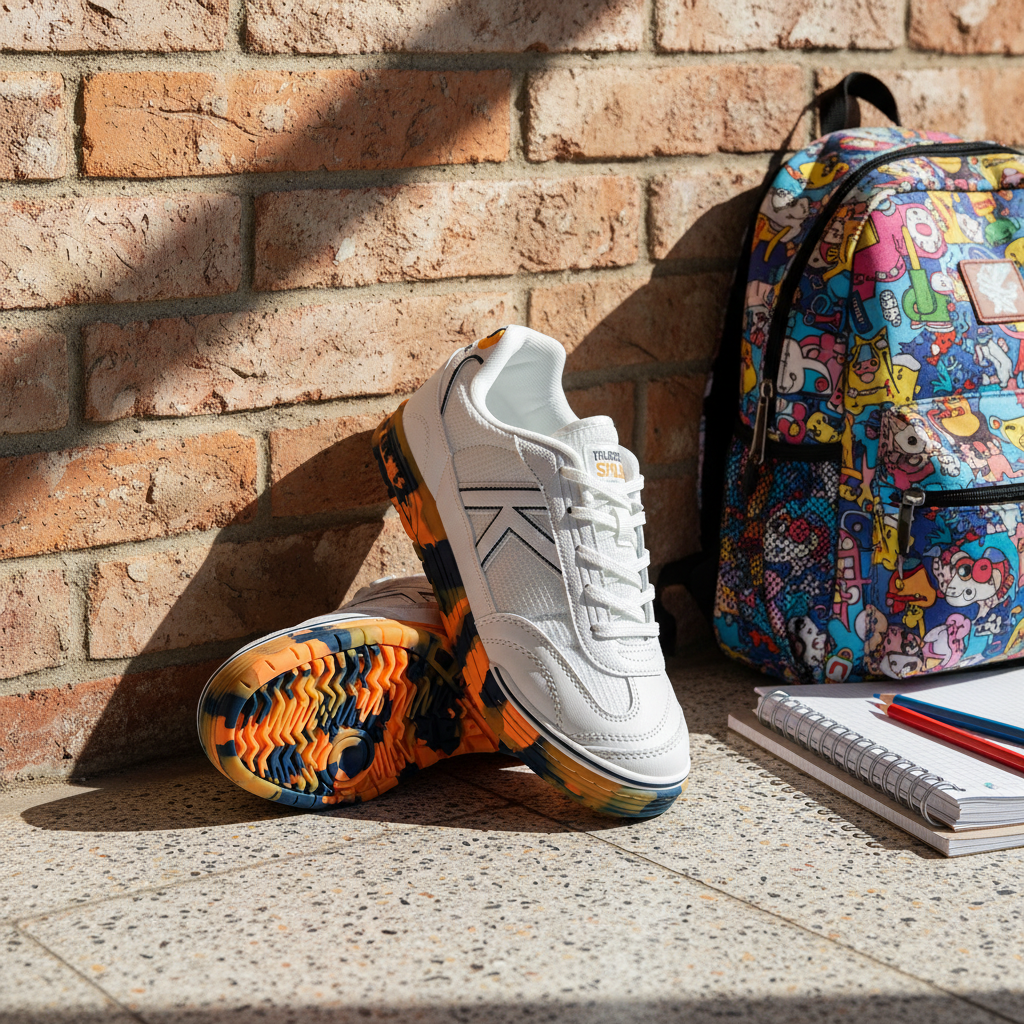 Zapatillas Trueno Lace en patio de colegio con mochila escolar