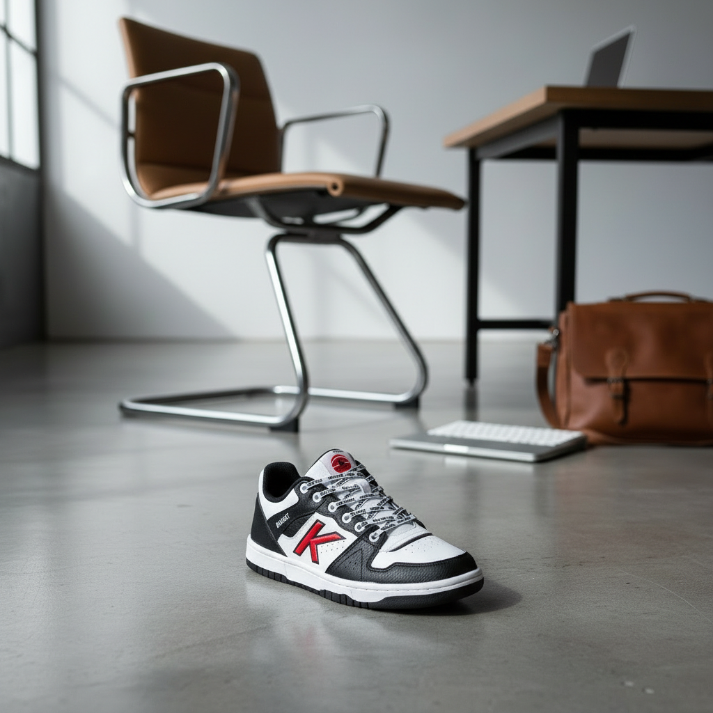 Zapatillas Retrobasket 2.0 en oficina loft con suelo de microcemento