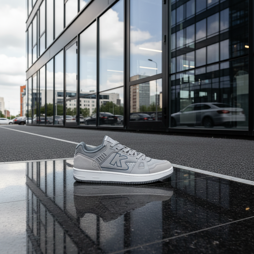 Zapatillas Casual Doha Gris en entrada de edificio moderno de vidrio