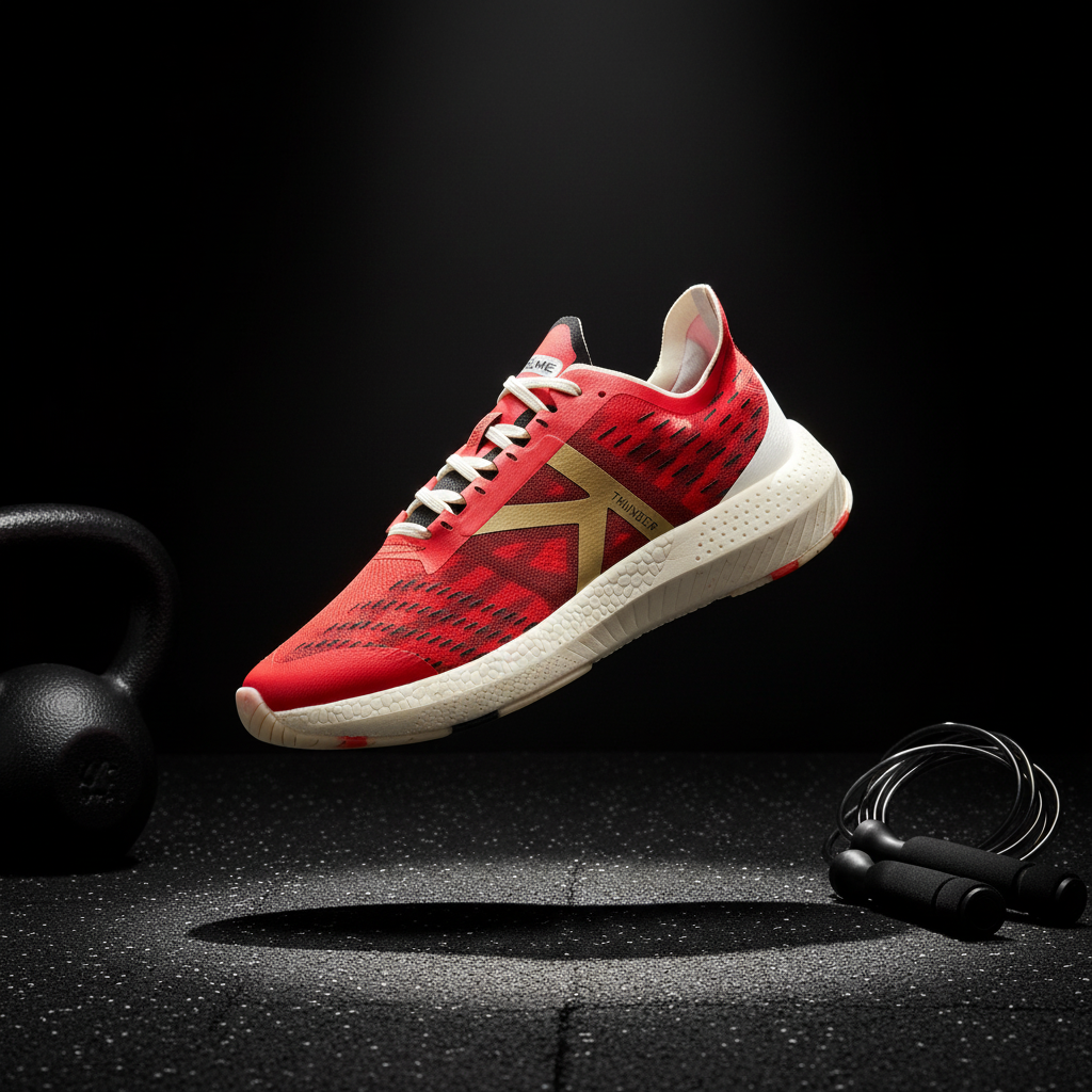 Zapatillas Running Thunderstorm Rojo sobre suelo de caucho de gimnasio