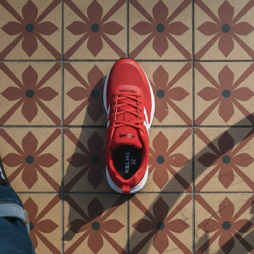 Zapatillas K-ROOKIE ROJO vista cenital sobre baldosa hidráulica panot barcelonés