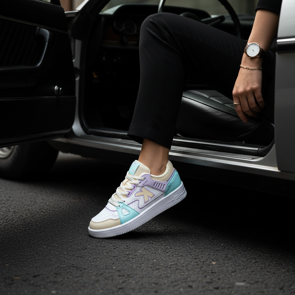 Zapatillas Kelme Doha Blanco saliendo de coche clásico