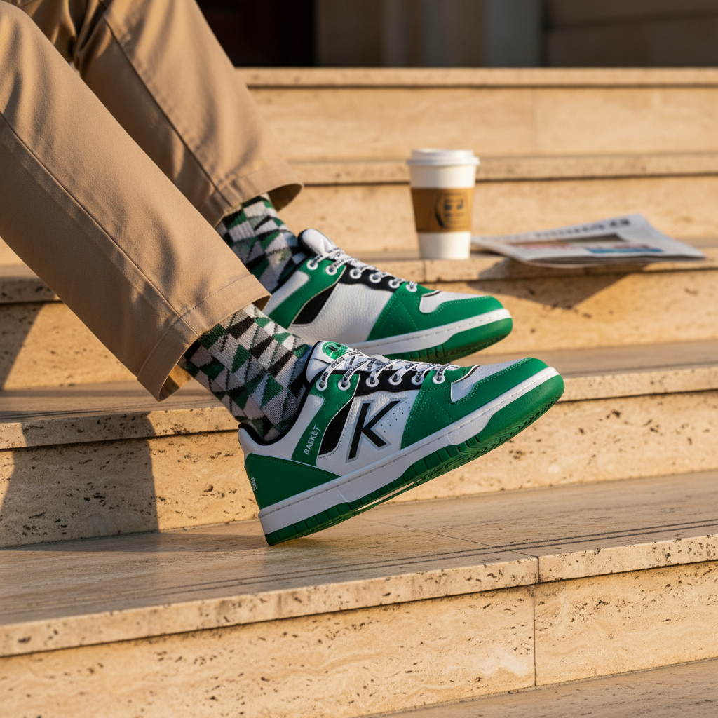 Zapatillas Casual Retrobasket 2.0 Verde en escalinatas de piedra