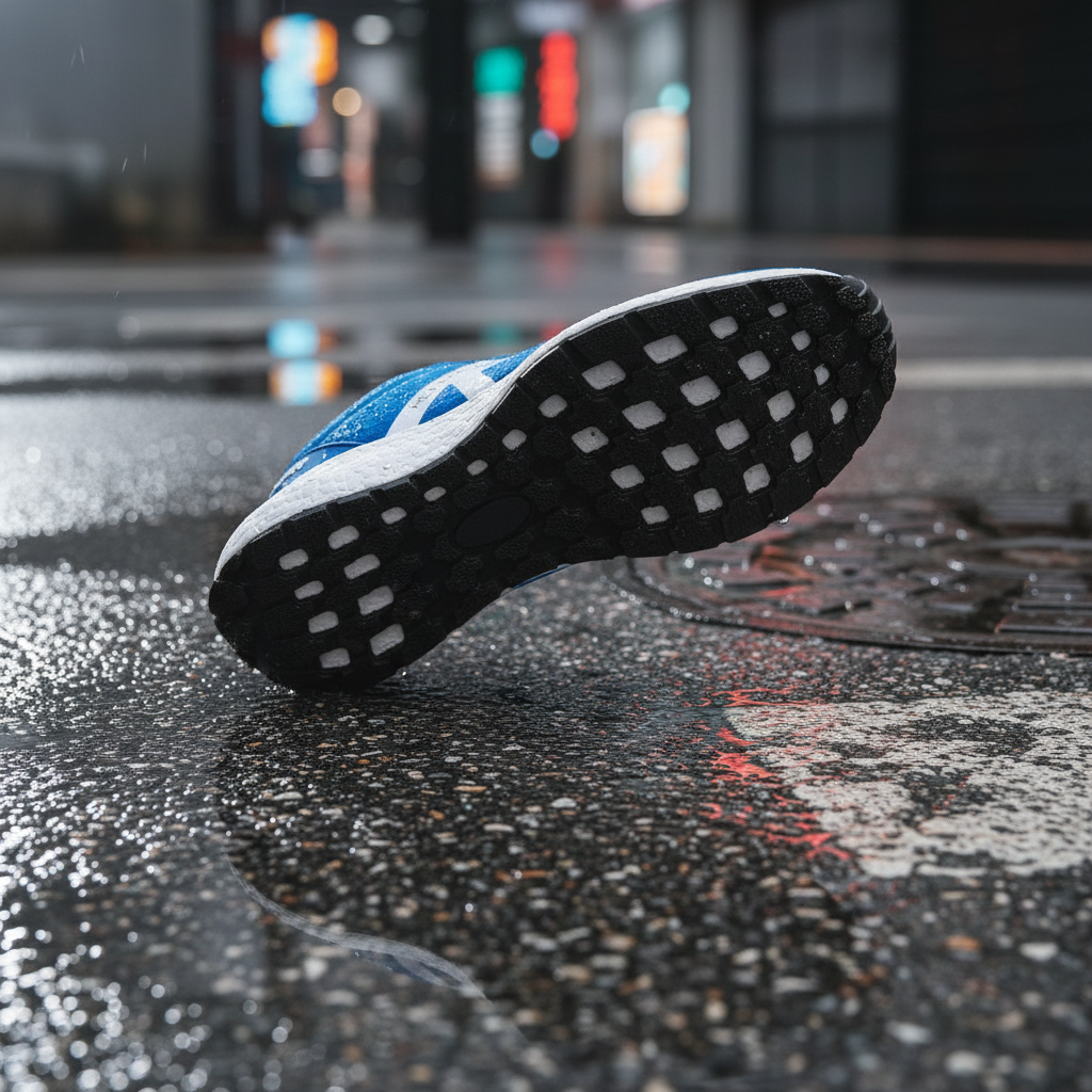 Zapatillas K-Rookie Azul sobre asfalto húmedo