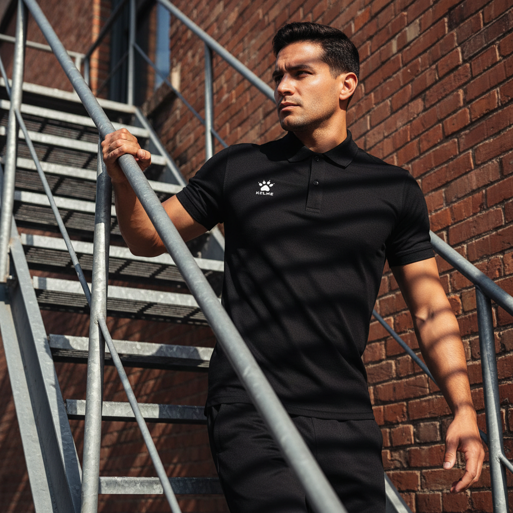 Polo KELME Street Negro en escalera metálica de emergencia