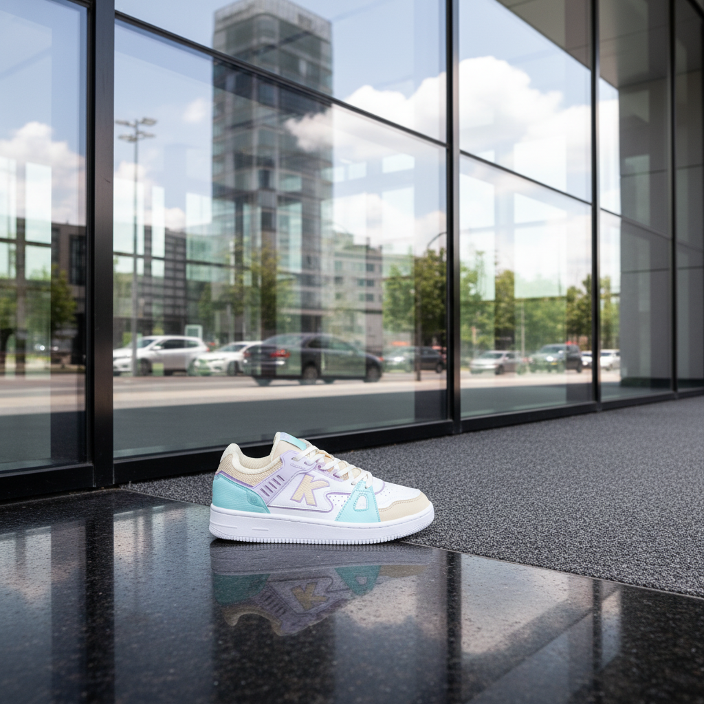 Zapatillas Kelme Doha Blanco en entrada de edificio moderno de vidrio